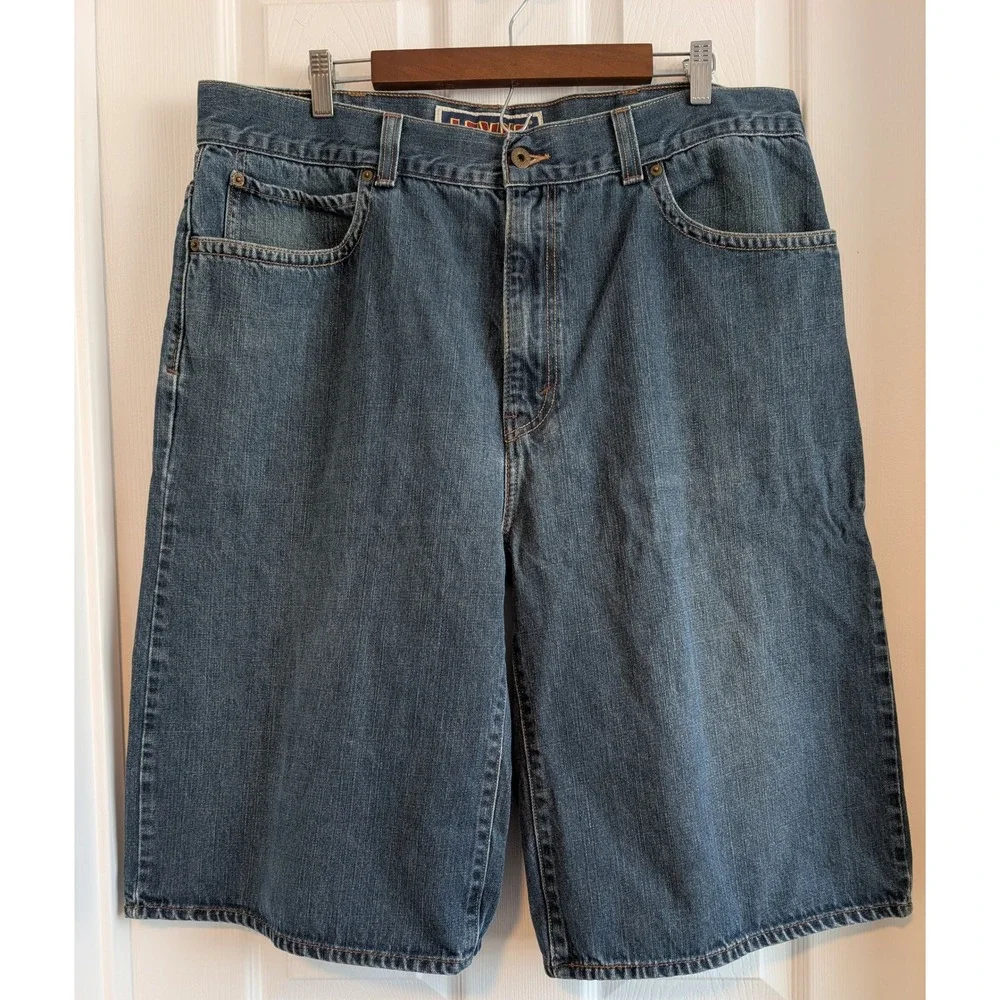Levis 579 Baggy Denim Shorts Mens 40 Blue Medium Wash Gold Embroidered Pockets